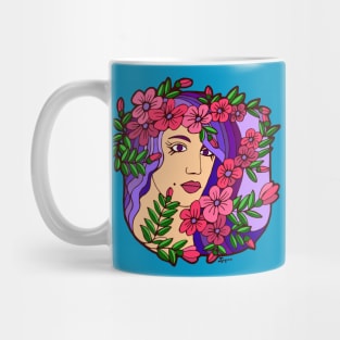 Woman with Purple Hair and a Garland of Pink Flowers Mug